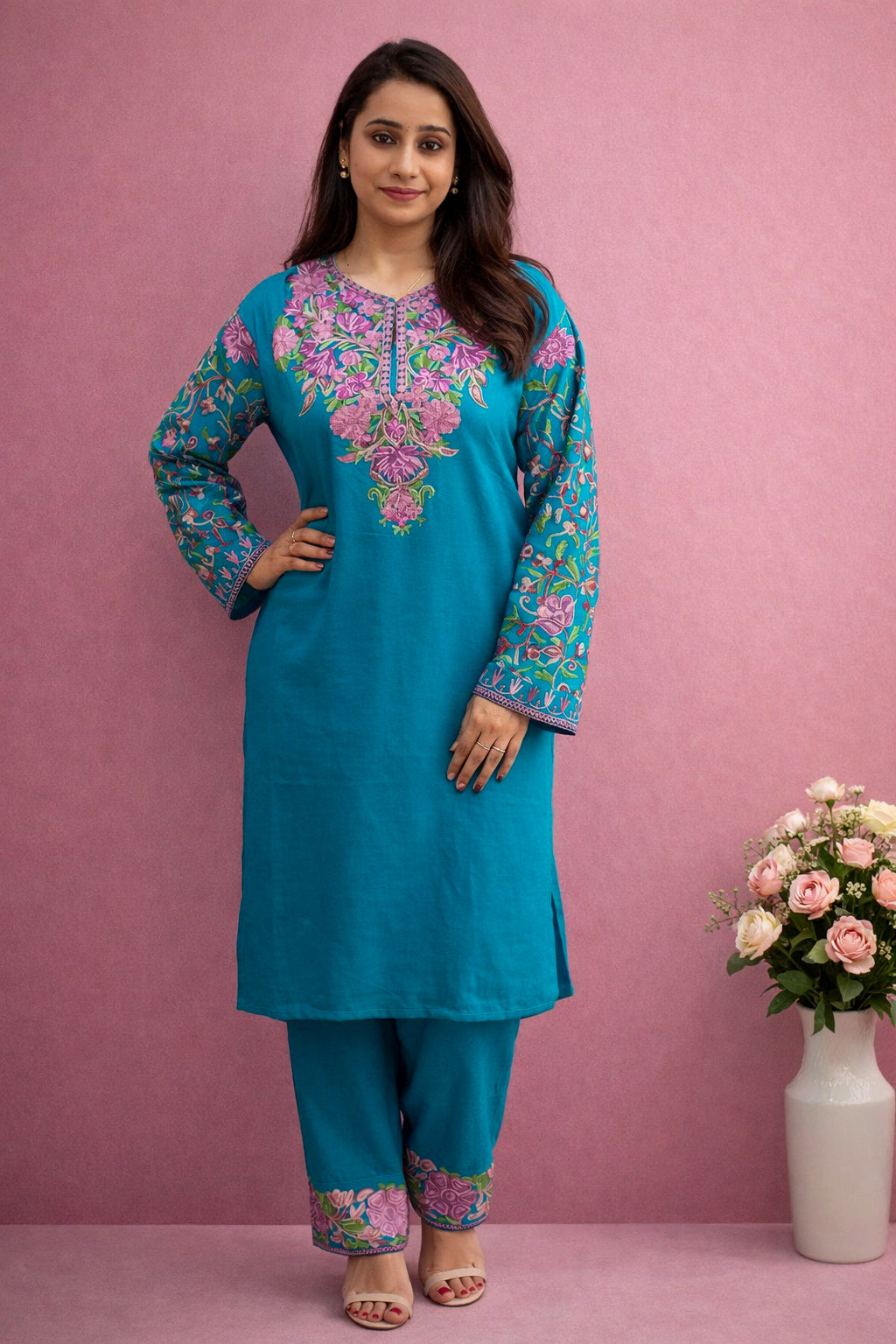 Rayon Teal Kashmiri Aari Work Cord Set