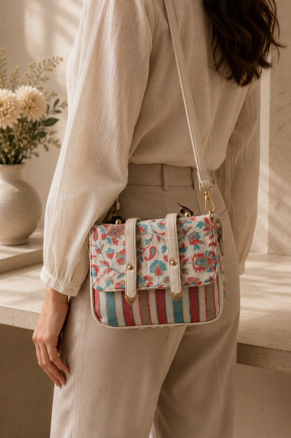 Kalamkari Double Belt Handbags in Striped Beige Cotton