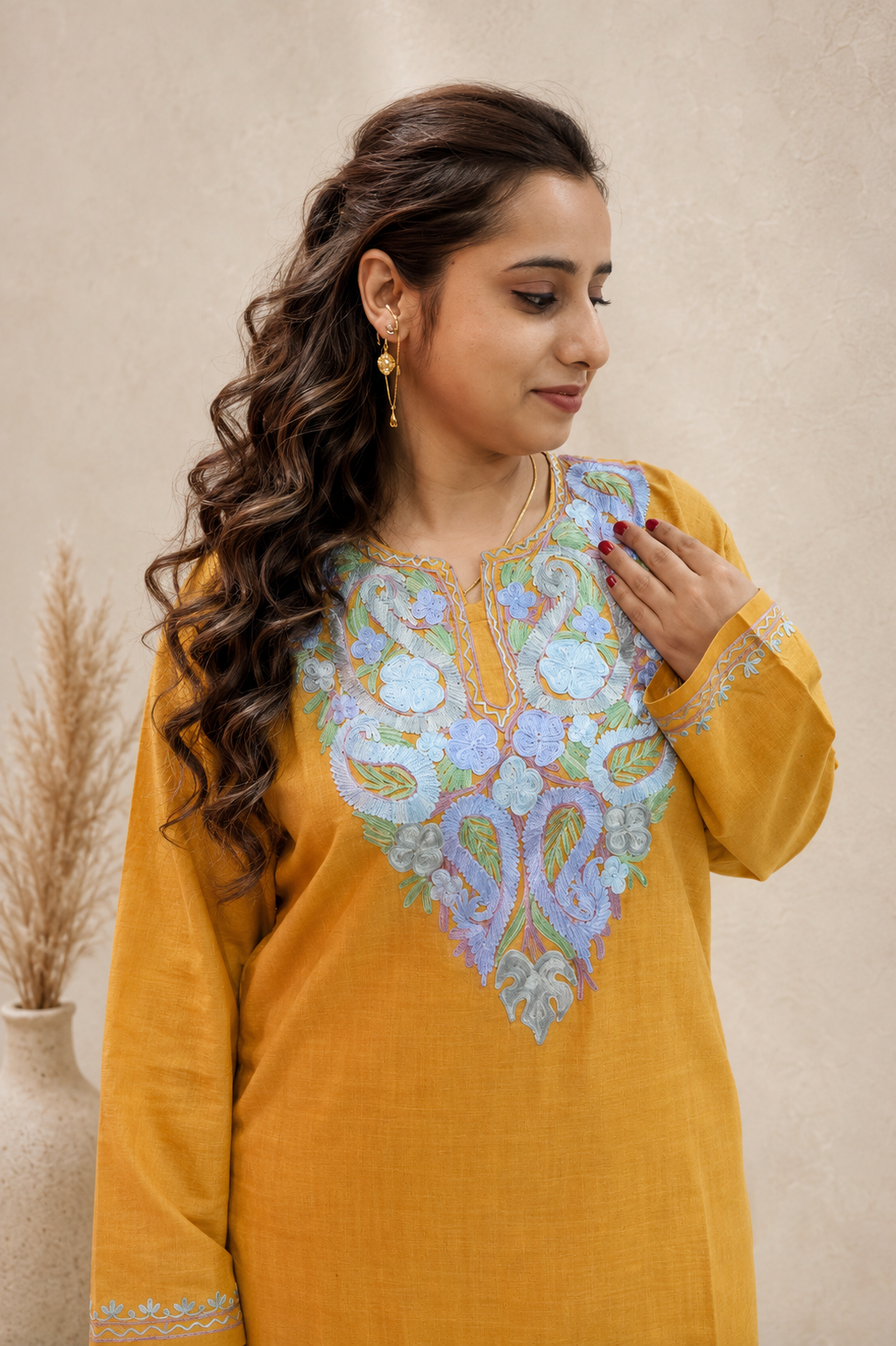Handcrafted Mustard Aari Work Cord Set in Ruby Cotton