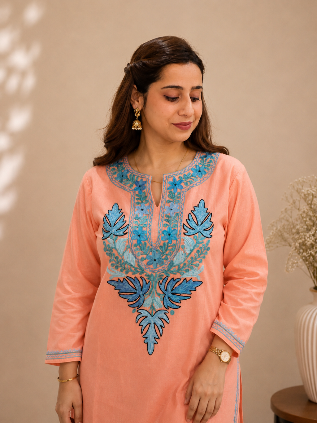 Peach Blue Aari Work Long Kurti in Ruby Cotton