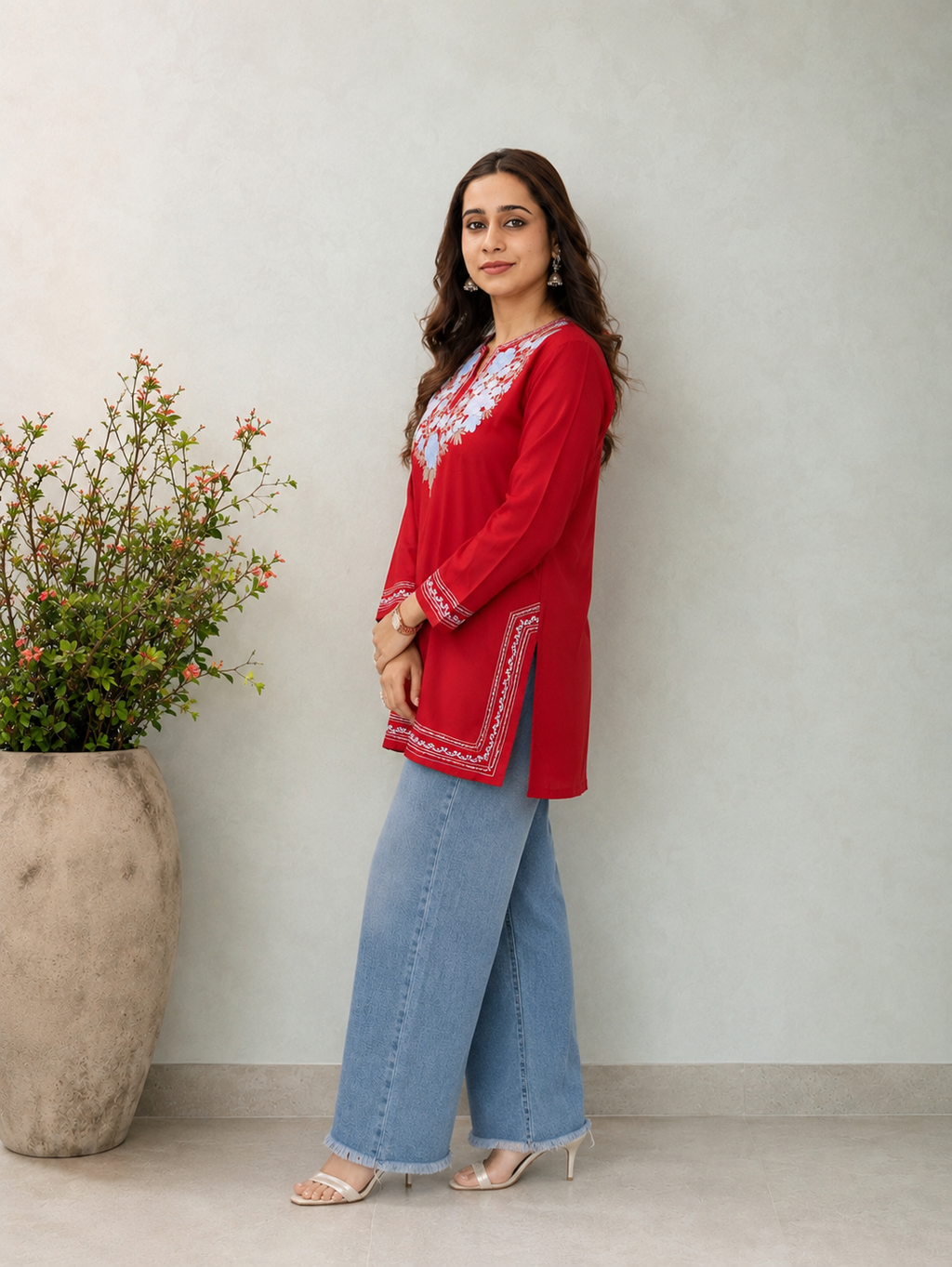 Red Blue Aari Work Short Kurti in Ruby Cotton