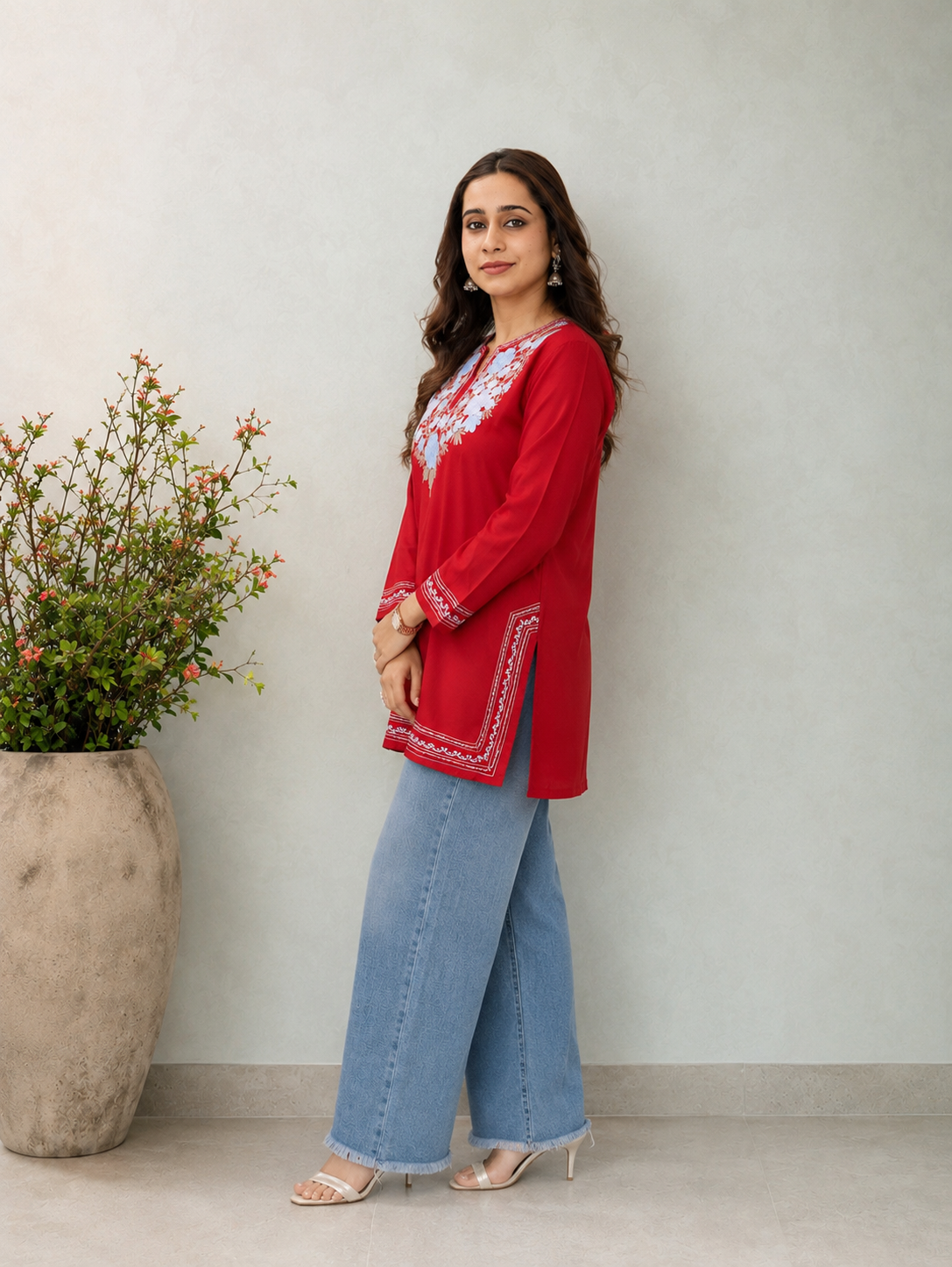 Red Blue Aari Work Short Kurti in Ruby Cotton