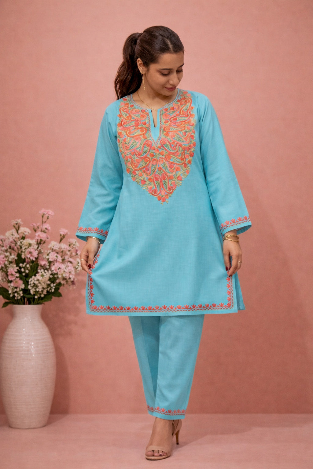 Cotton Sea Green Kashmiri Aari Work Cord Set