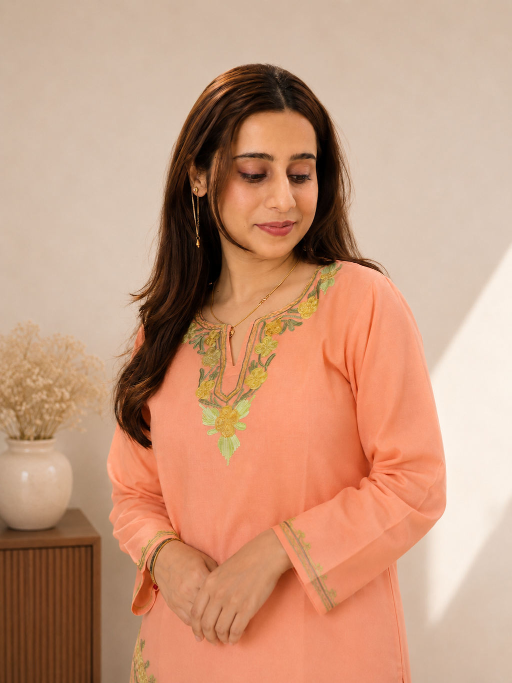 Peach Green Aari Work Long Kurti in Ruby Cotton
