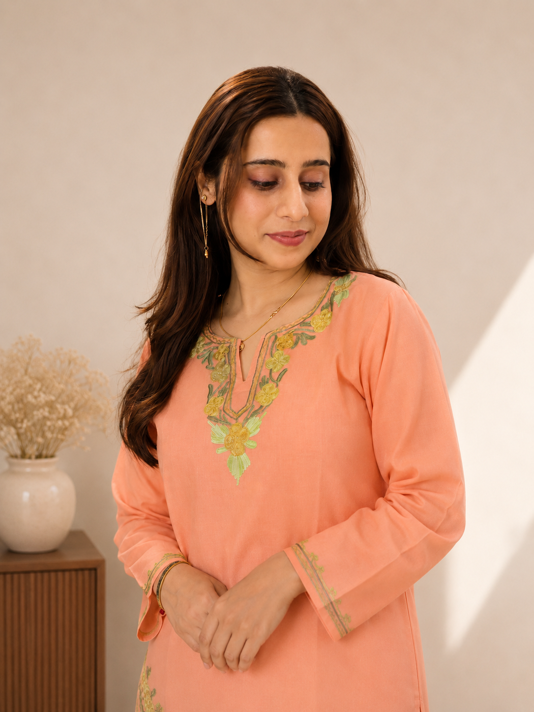 Peach Green Aari Work Long Kurti in Ruby Cotton