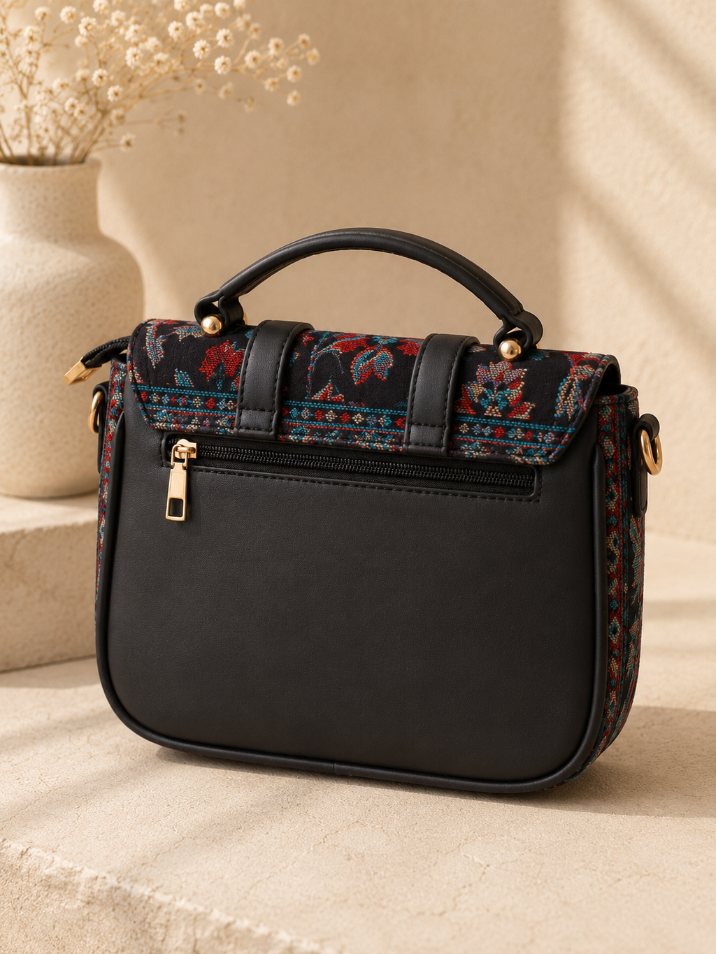 Kalamkari Double Belt Handbag in Blue Black Cotton