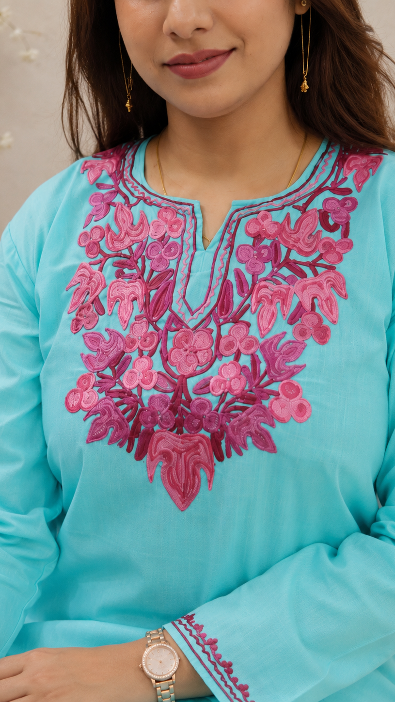 Aari Work Short Kurti in Sea Blue Ruby Cotton
