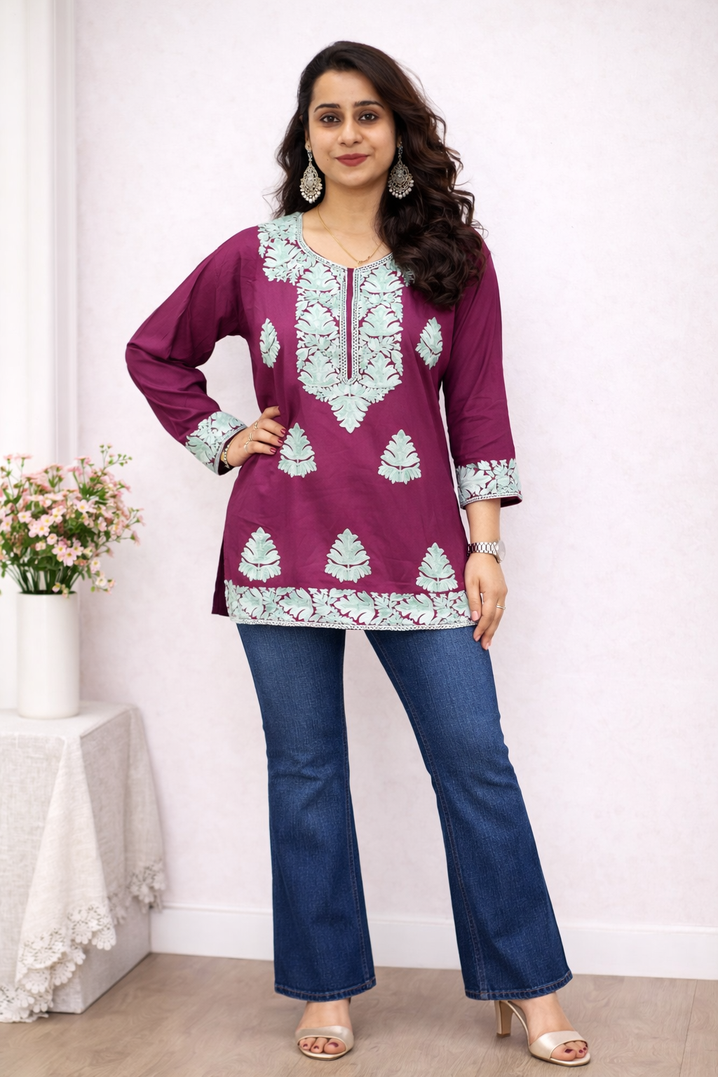 Rayon Purple Kashmiri Aari Work Short Kurta