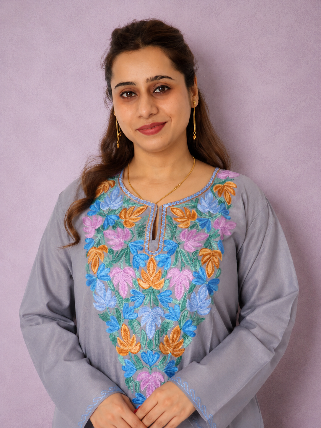 Grey Blue Aari Work Long Kurti in Ruby Cotton