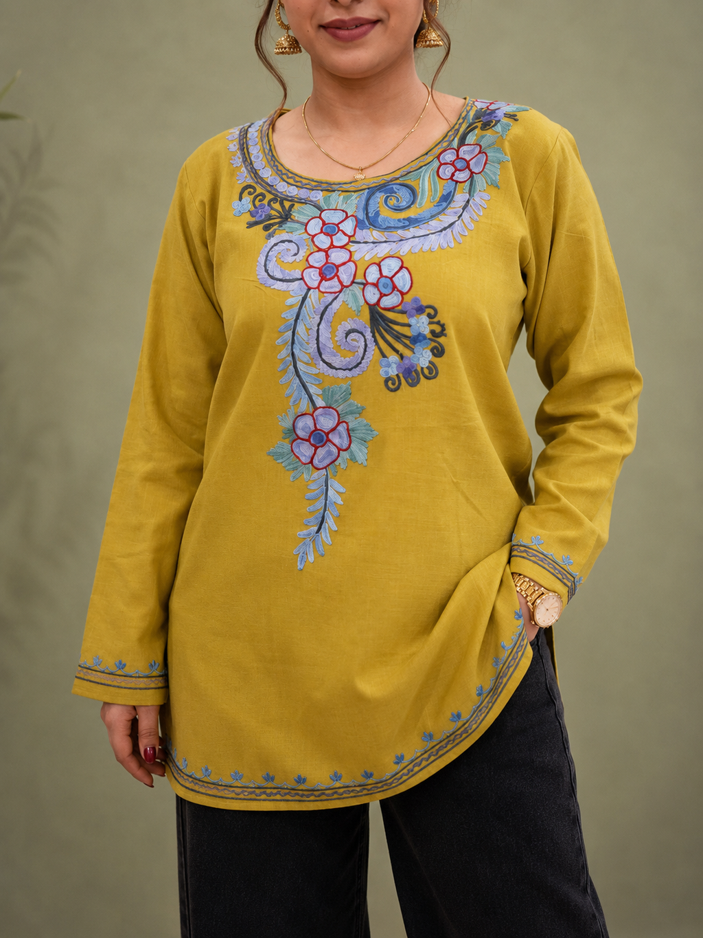 Aari Work Short Kurti in Olive Ruby Cotton