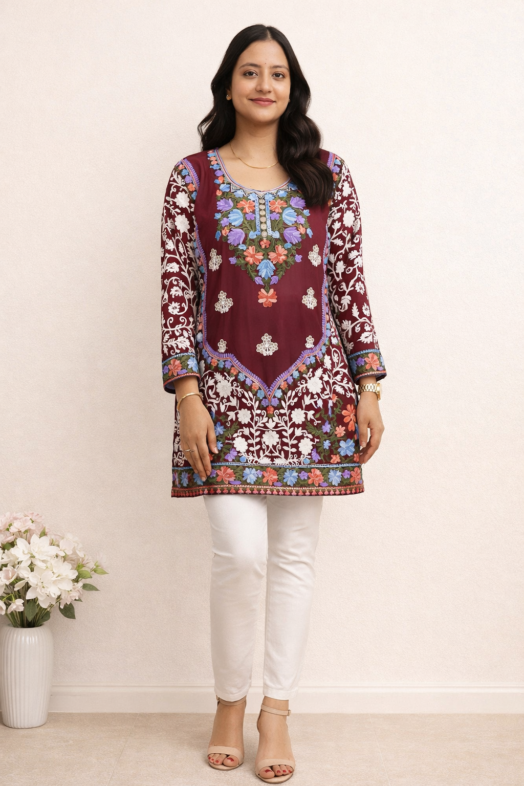Georgette Maroon Kashmiri Aari Work Short Kurta