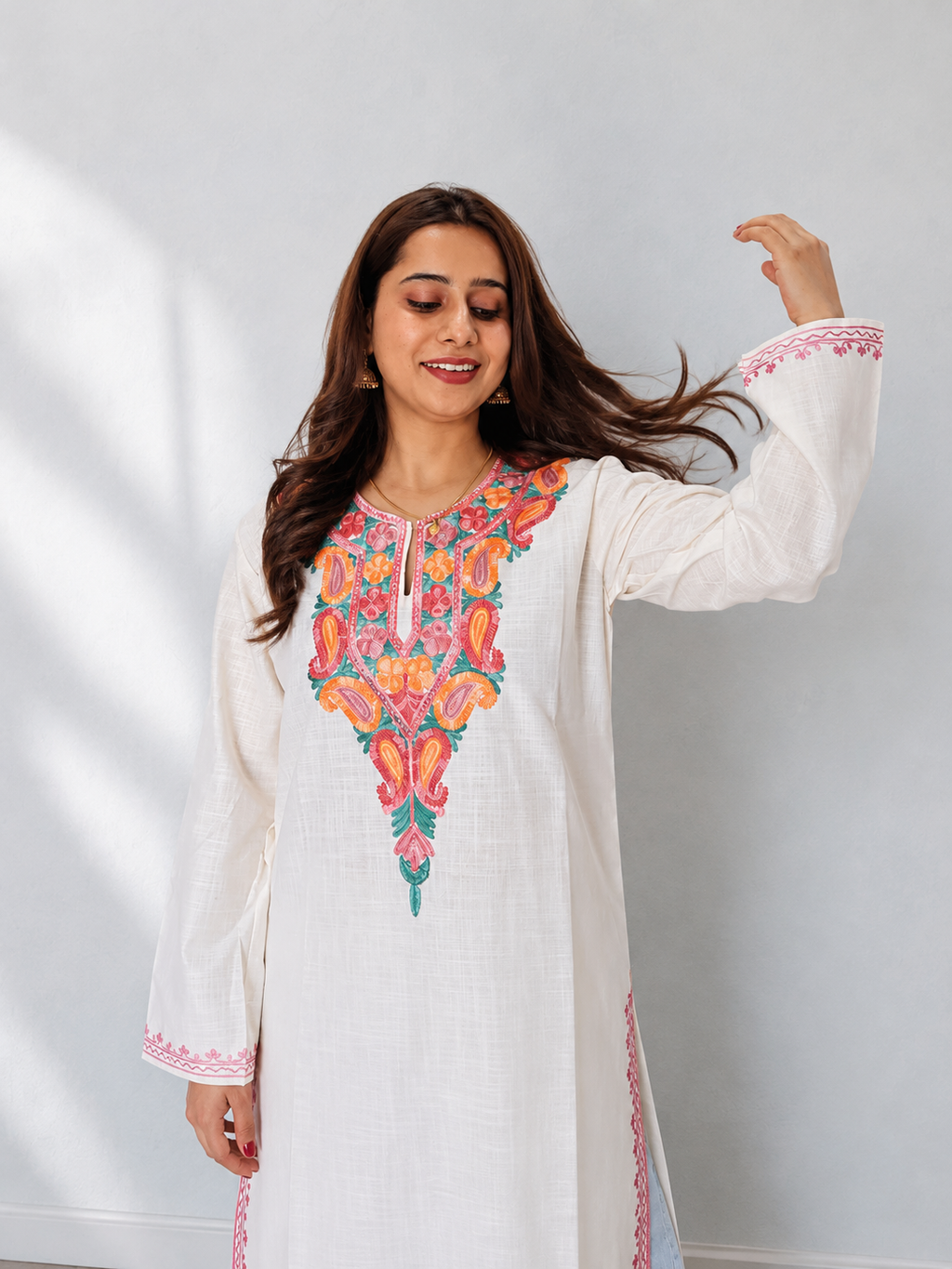 Aari Work Long Kurti in White Pink Ruby Cotton