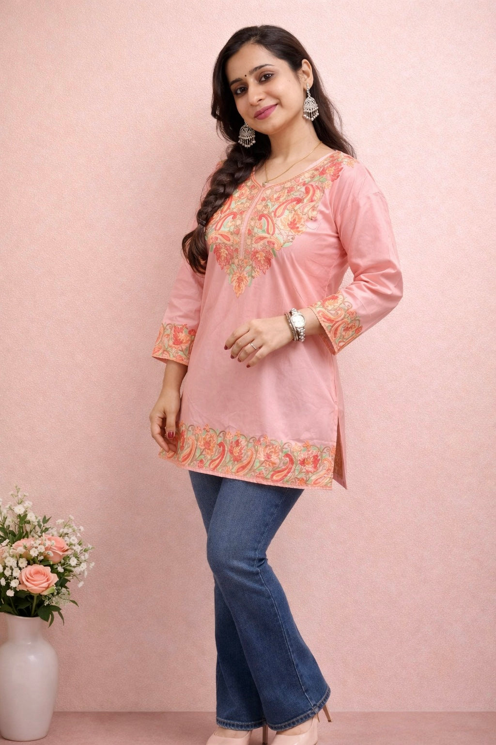 Rayon Baby Pink Kashmiri Aari Work Short Kurta