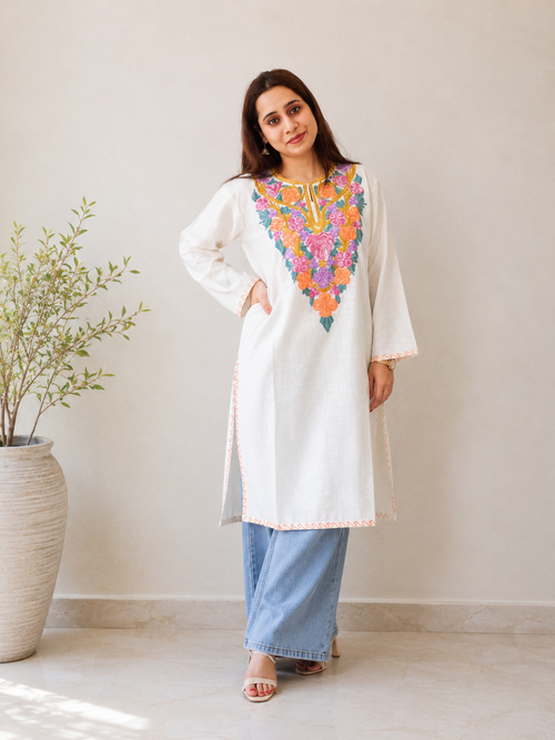Aari Work Long Kurti in Ruby Cotton with Floral Motifs