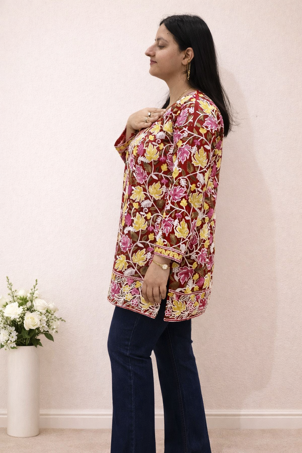 Georgette Red Yellow Kashmiri Aari Work Short Kurta