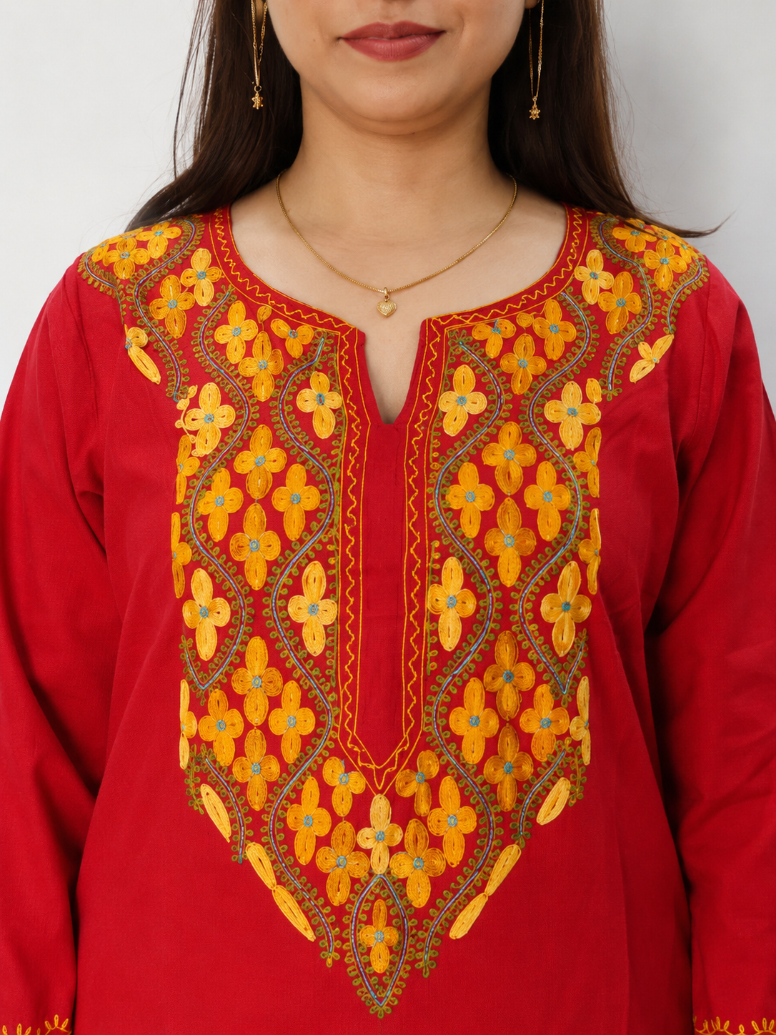 Intricate Aari Work Long Kurti in Ruby Cotton