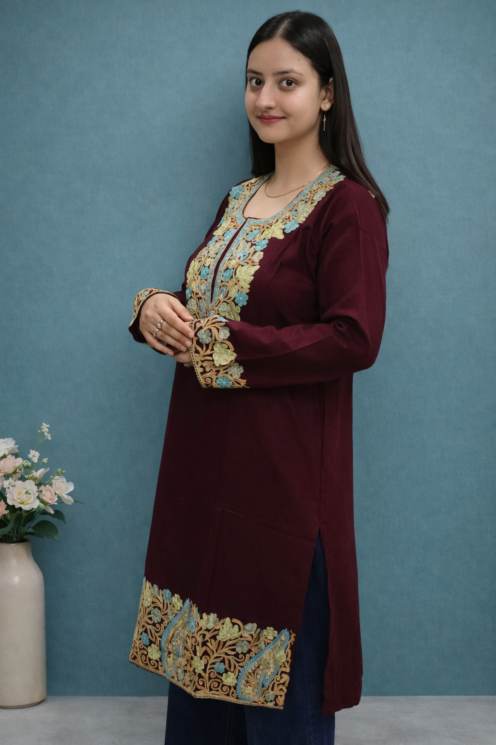 Rayon Wine Kashmiri Aari Work Long Kurta