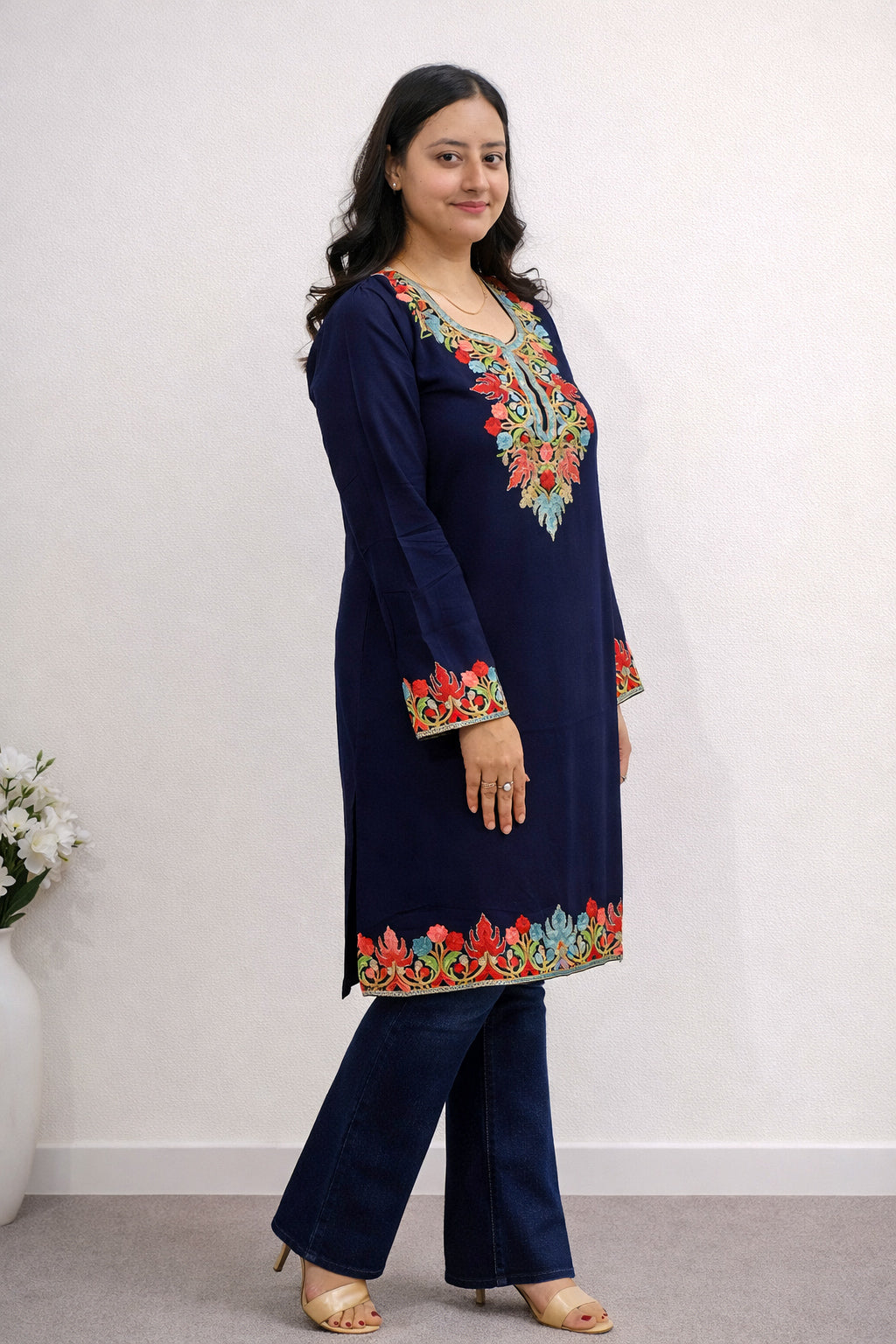 Rayon Blue Kashmiri Aari Work Long Kurta