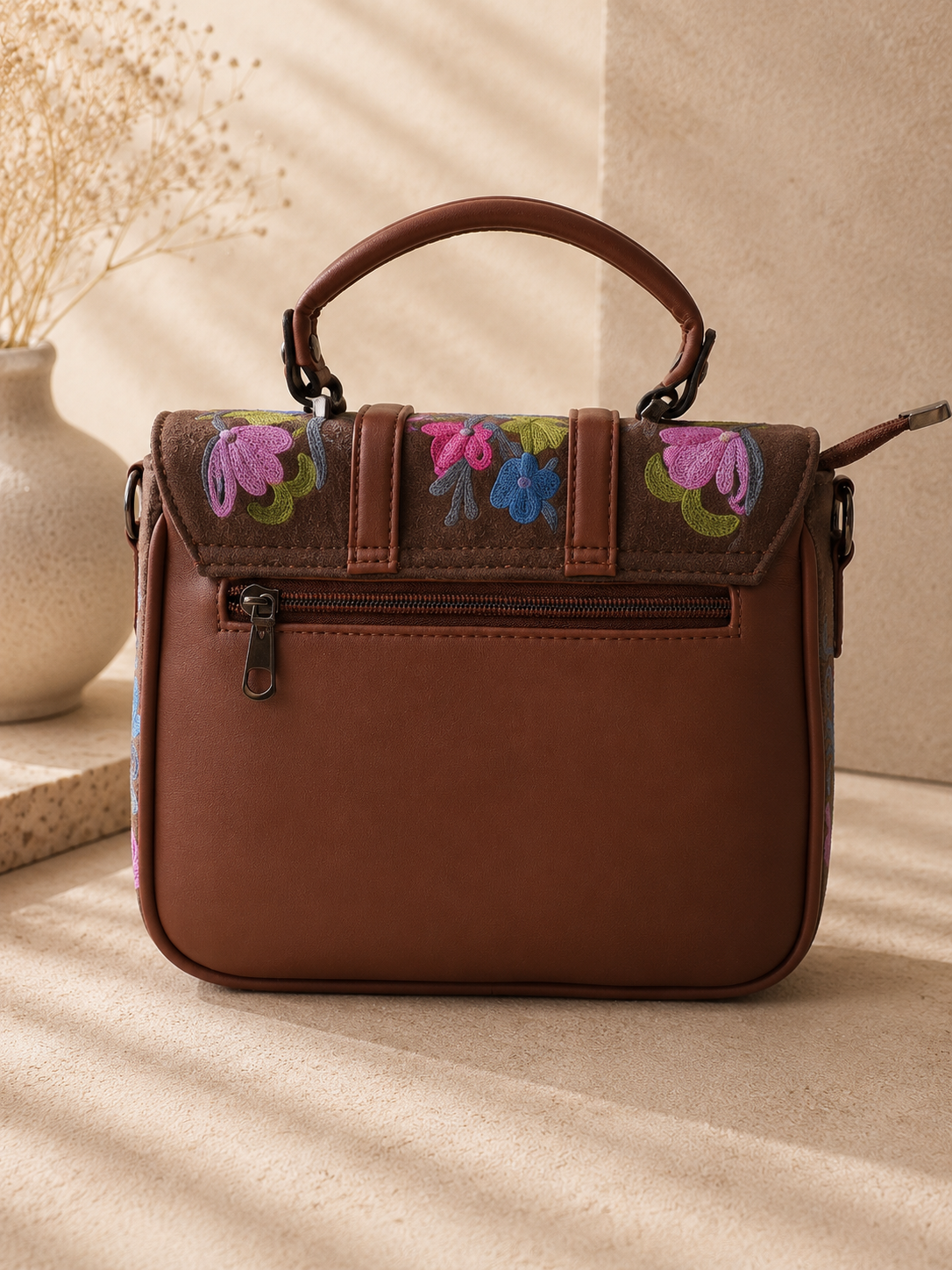Handcrafted Aari Work Double Belt Handbag in Brown
