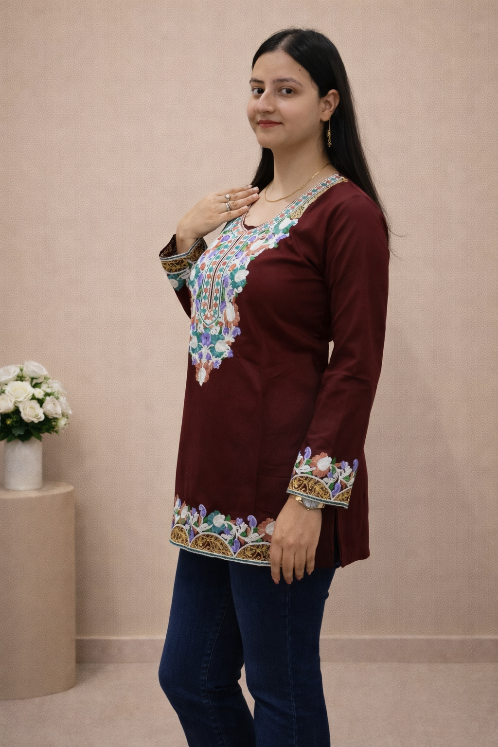 Cotton Maroon Kashmiri Aari Work Short Kurta