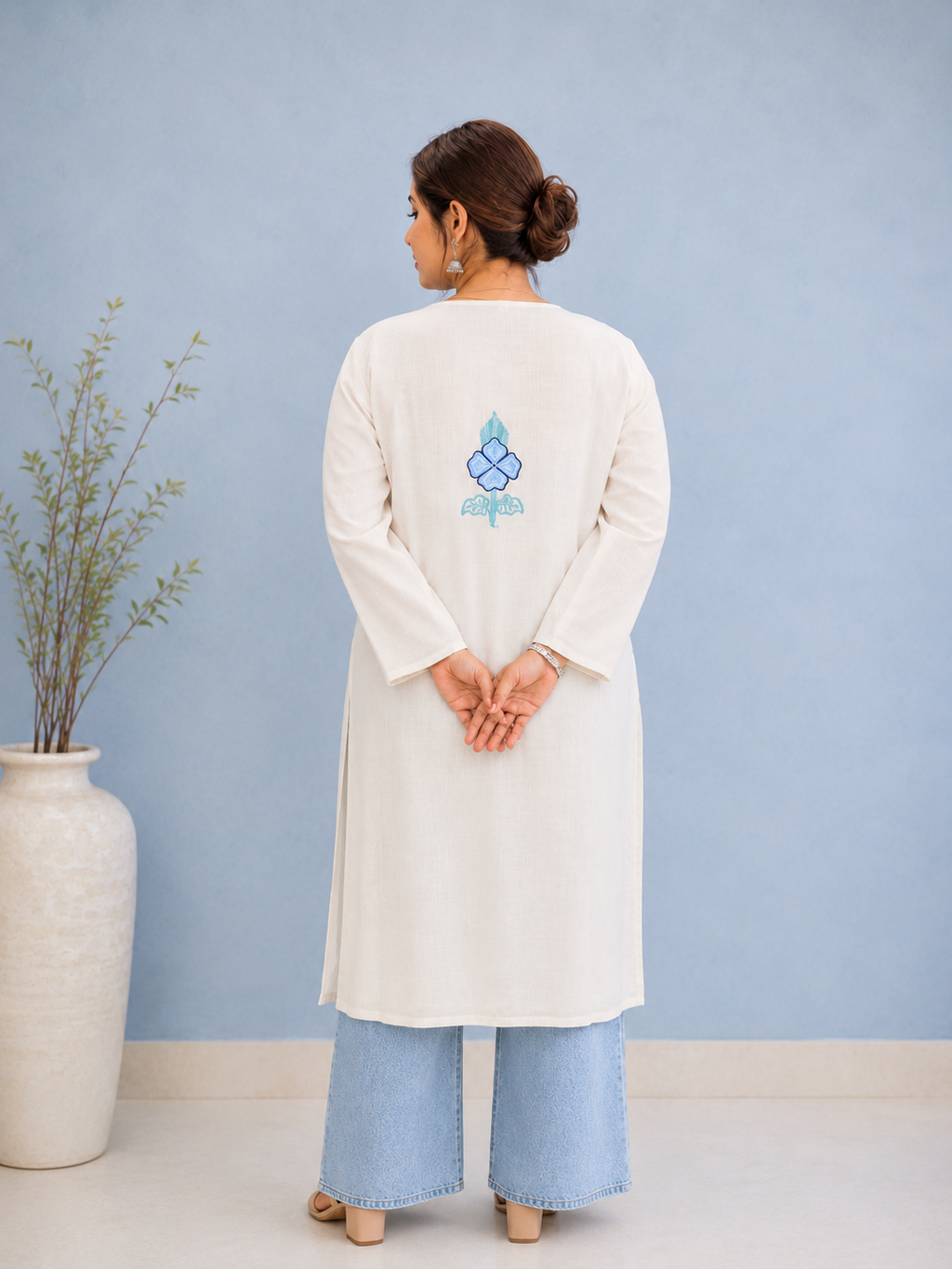 Aari Work Long Kurti in White and Blue Ruby Cotton