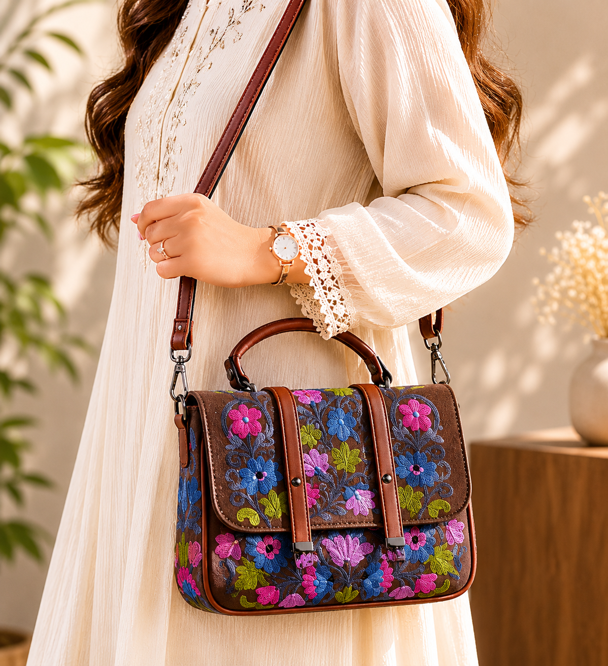 Handcrafted Aari Work Double Belt Handbag in Brown