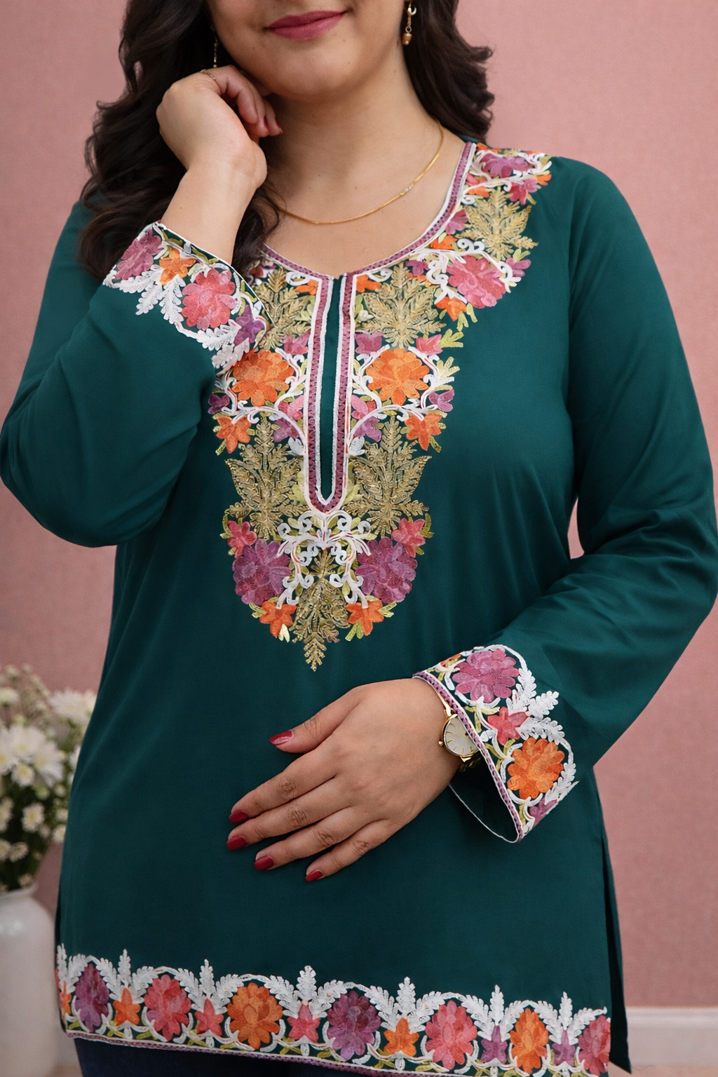 Cotton Dark Green Kashmiri Aari Work Short Kurta