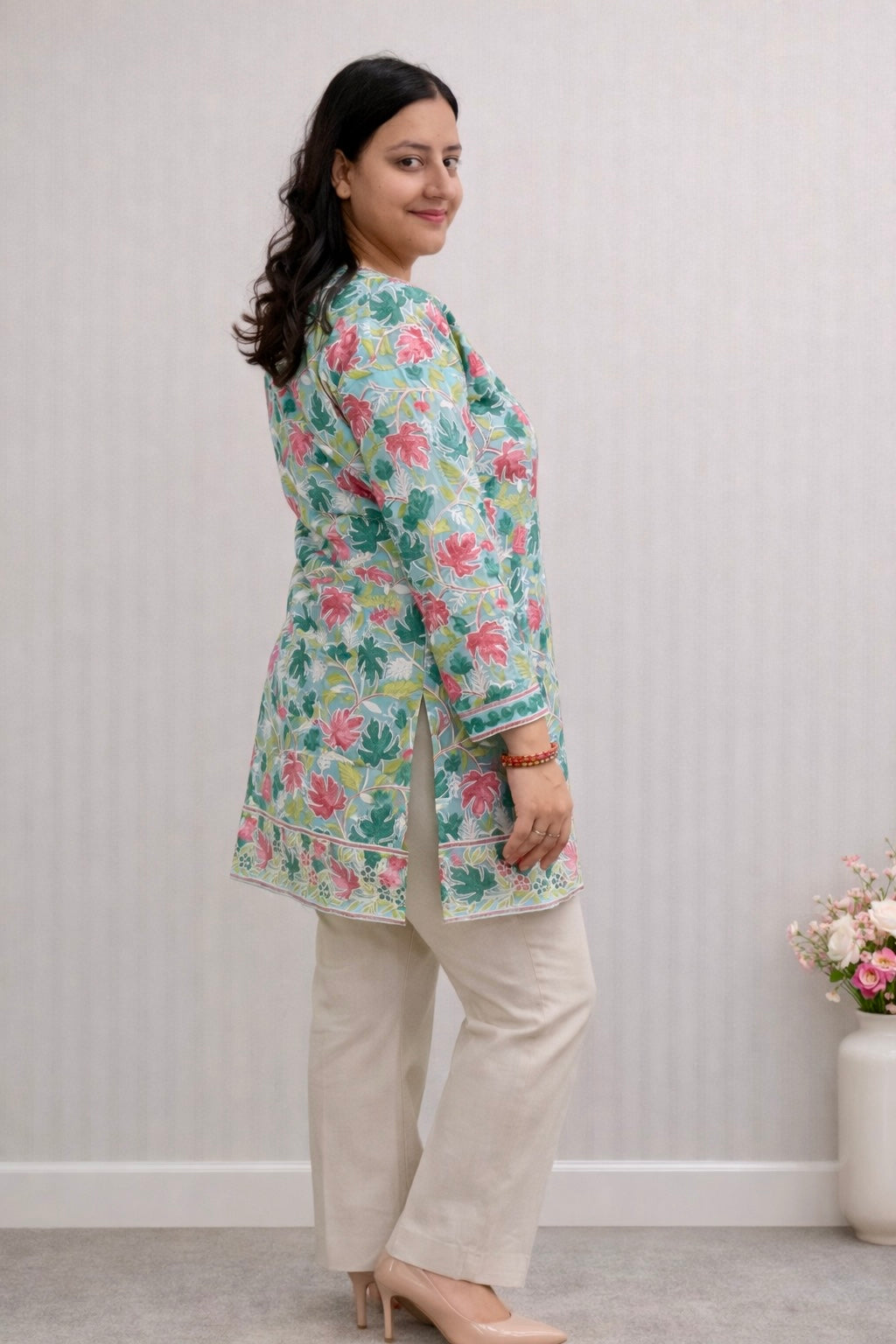 Georgette Sea Green Kashmiri Aari Work Short Kurta