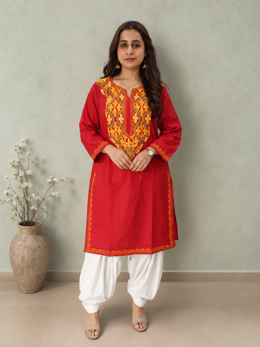 Intricate Aari Work Long Kurti in Ruby Cotton