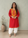 Intricate Aari Work Long Kurti in Ruby Cotton