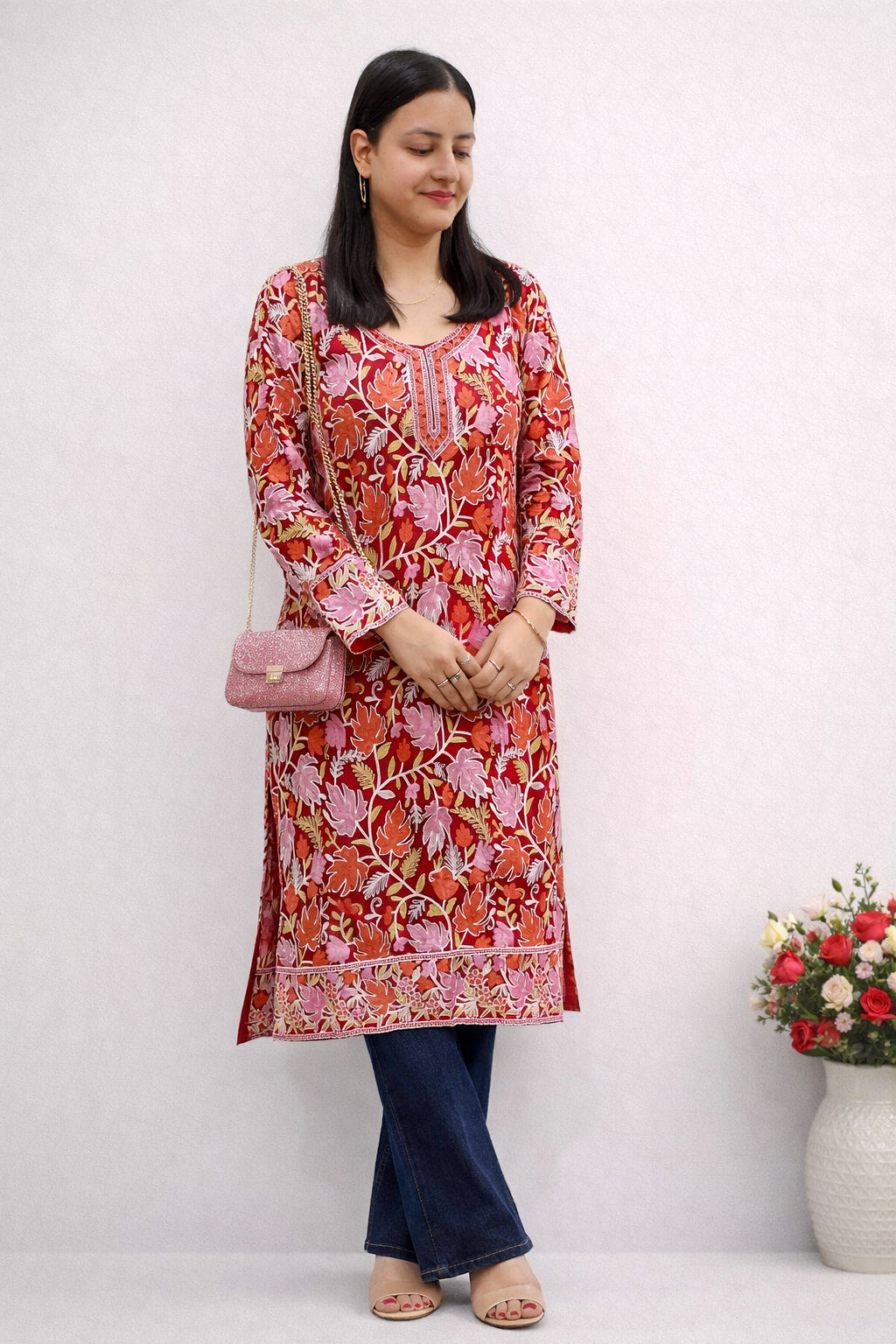 Georgette Red Kashmiri Aari Work Long Kurta