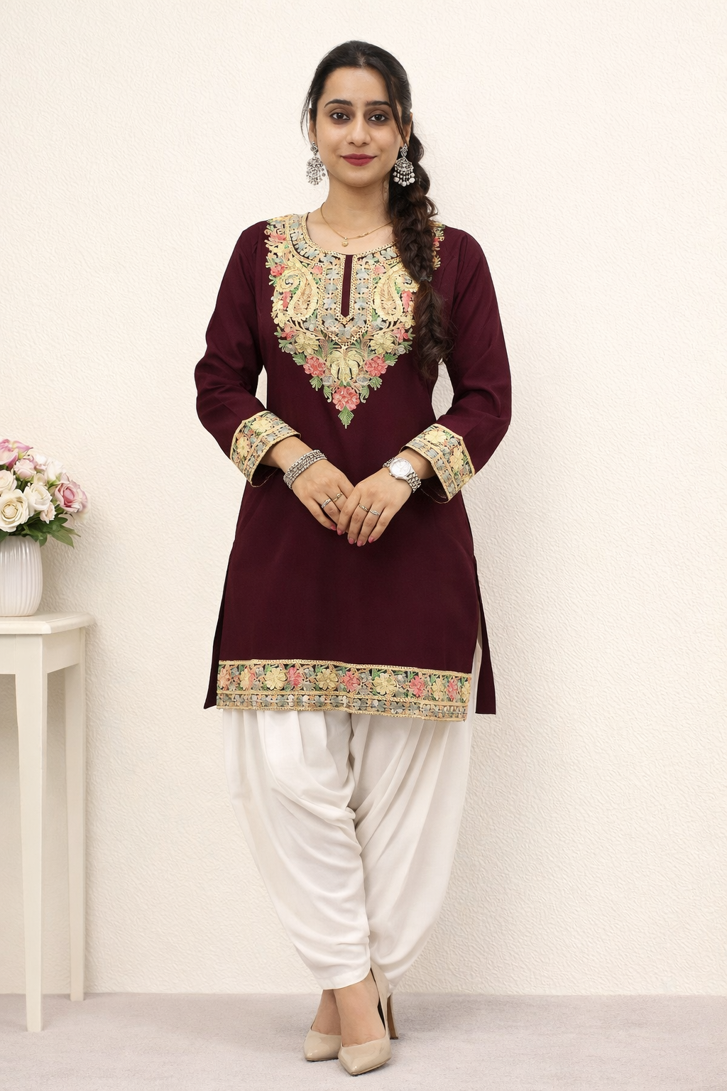 Rayon Wine Kashmiri Aari Work Short Kurta