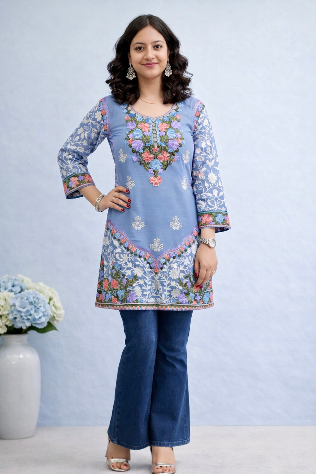 Georgette Sky Blue Kashmiri Aari Work Short Kurta