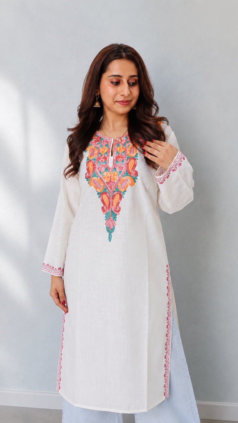 Aari Work Long Kurti in White Pink Ruby Cotton