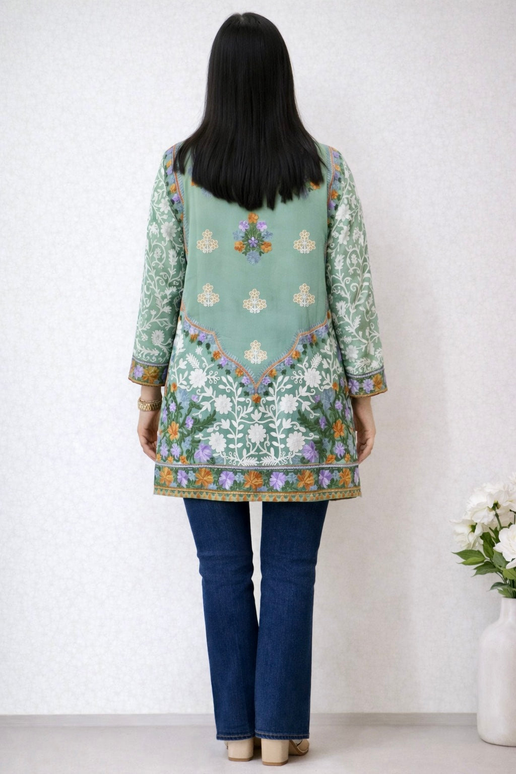 Georgette Green Kashmiri Aari Work Short Kurta