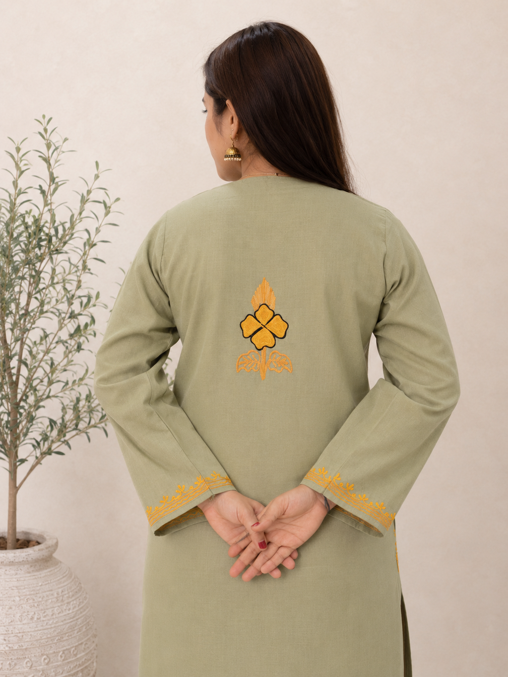 Aari Work Long Kurti in Emerald Green Ruby Cotton