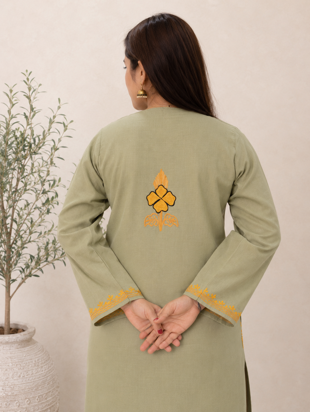Aari Work Long Kurti in Emerald Green Ruby Cotton