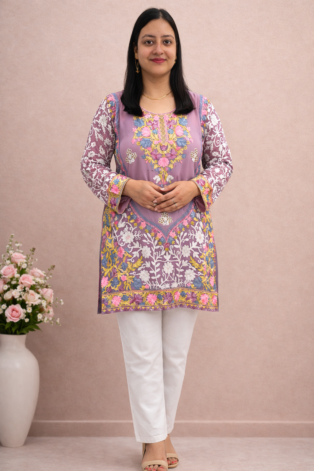 Georgette Pink Kashmiri Aari Work Short Kurta