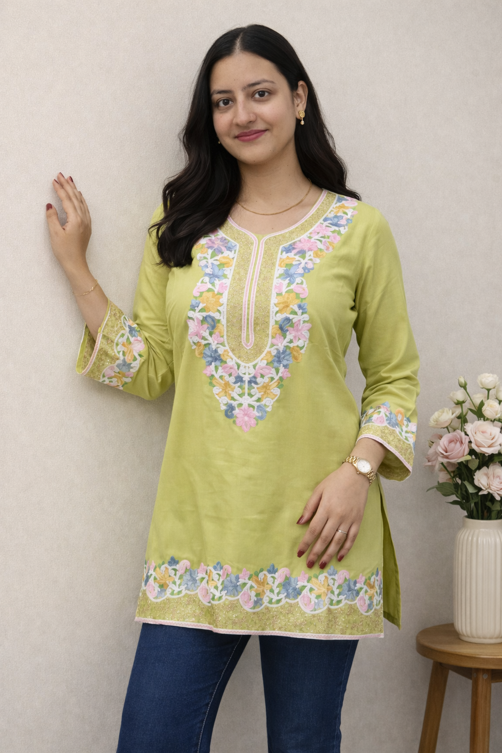 Cotton Olive Kashmiri Aari Work Short Kurta