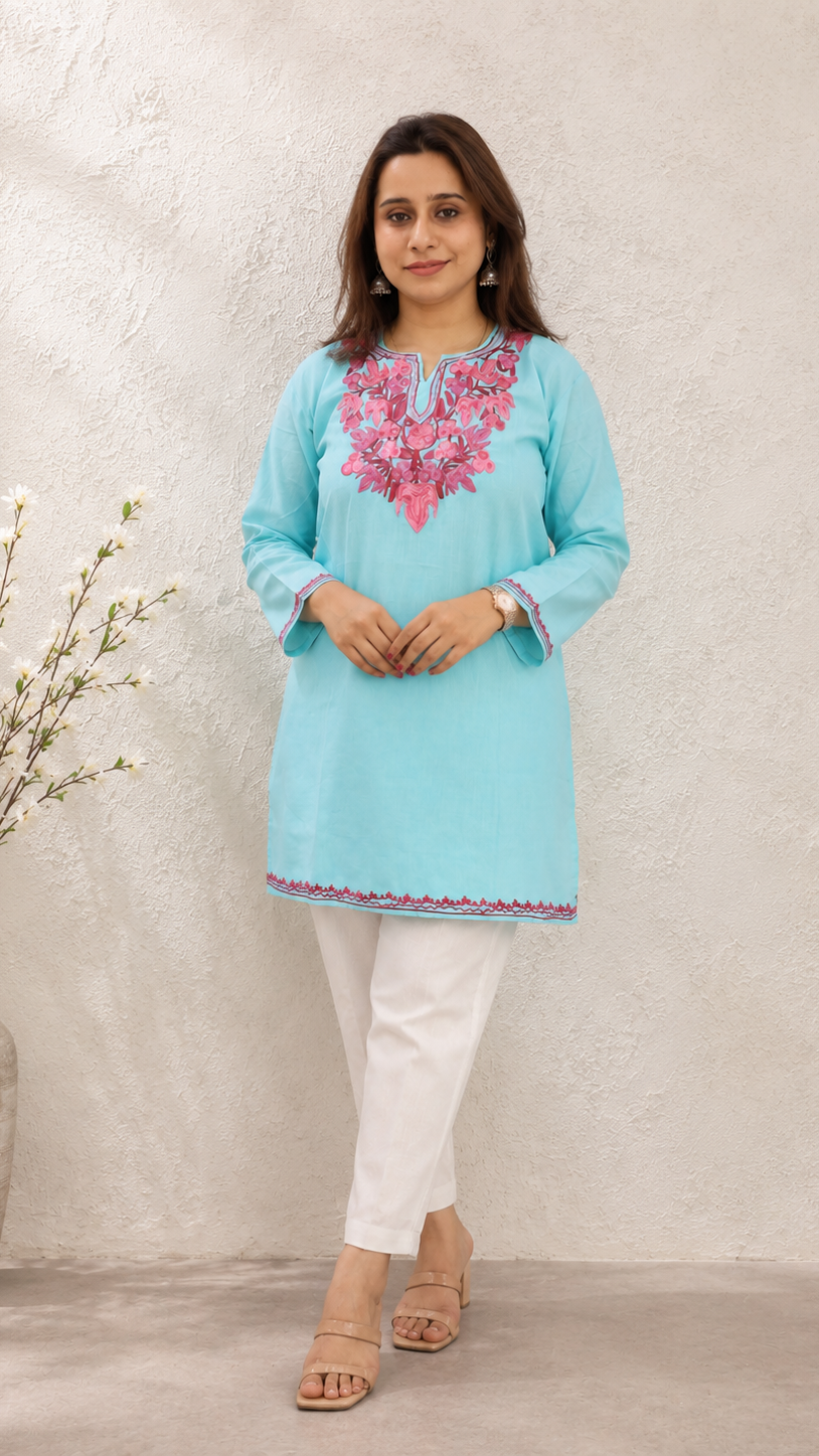 Aari Work Short Kurti in Sea Blue Ruby Cotton