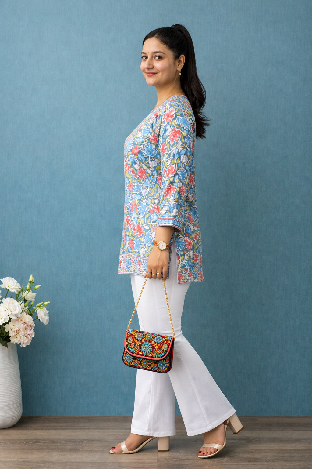 Georgette Sky Blue Kashmiri Aari Work Short Kurta