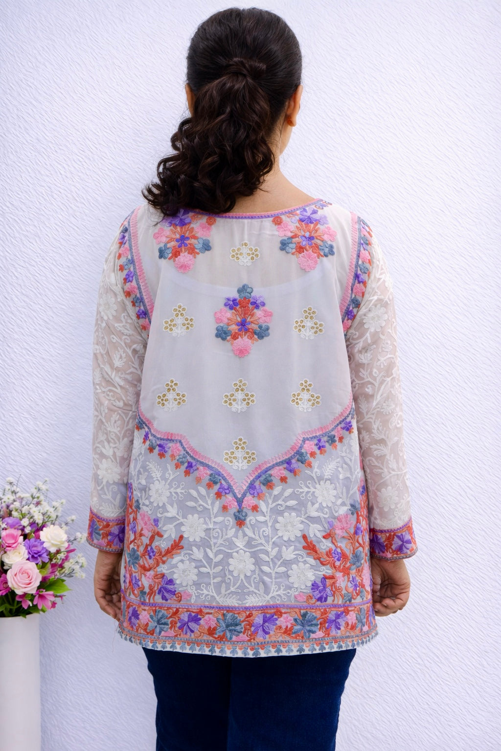 Georgette White Purple Kashmiri Aari Work Short Kurta