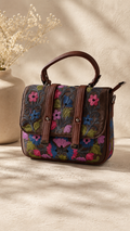 Handcrafted Aari Work Double Belt Handbag in Brown