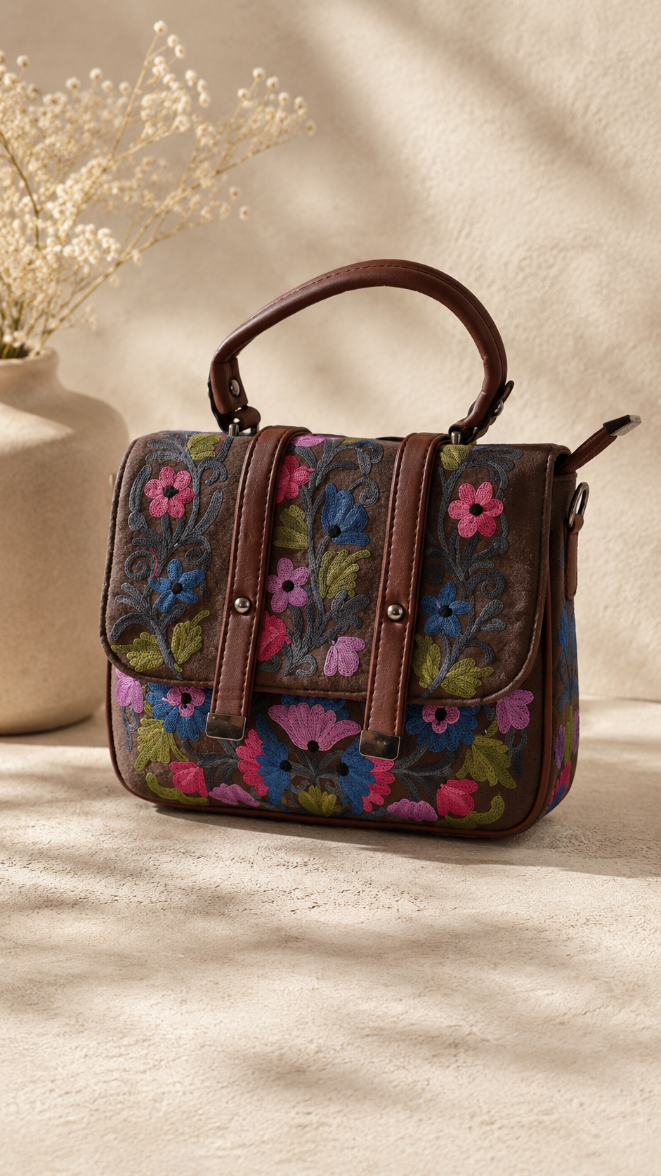 Handcrafted Aari Work Double Belt Handbag in Brown