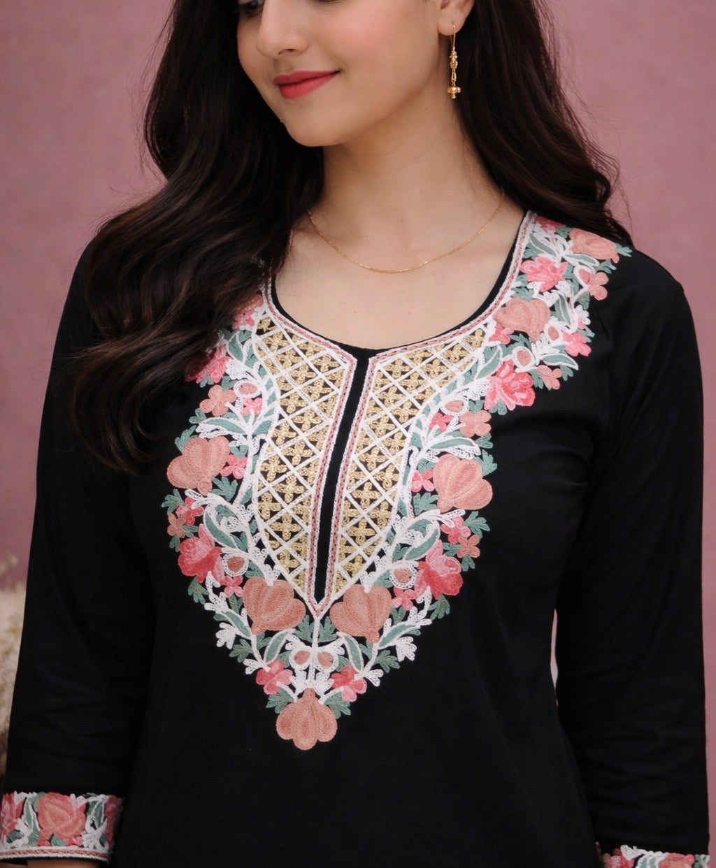 Cotton Black Kashmiri Aari Work Short Kurta