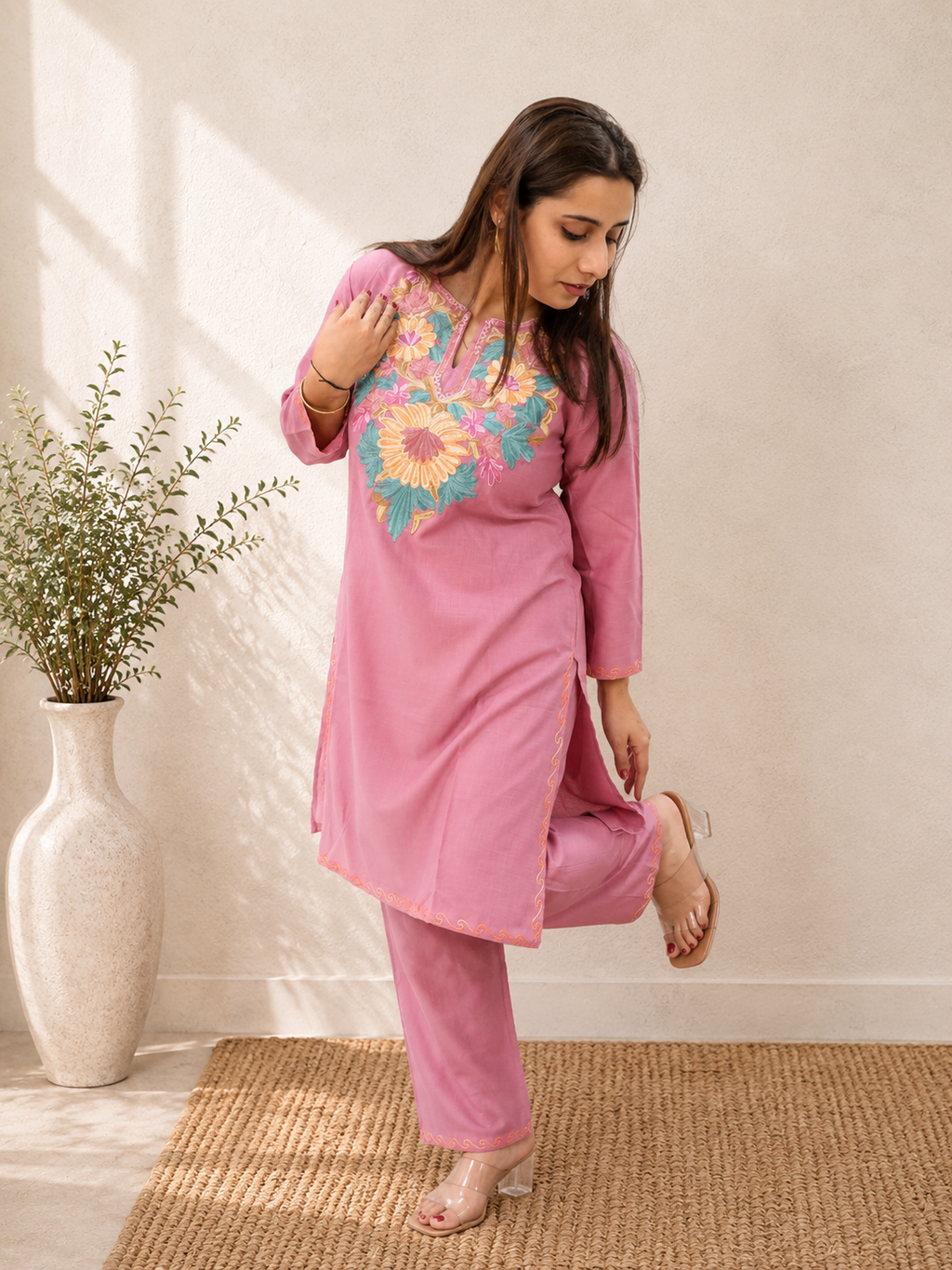 Aari Work Short Cord Set in Dark Pink Orange Ruby Cotton
