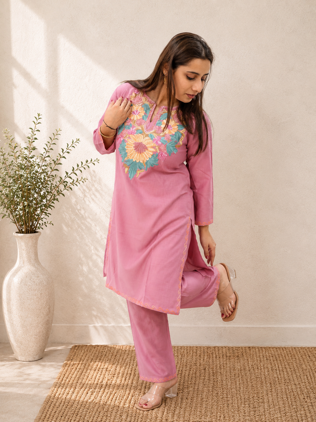 Aari Work Short Cord Set in Dark Pink Orange Ruby Cotton