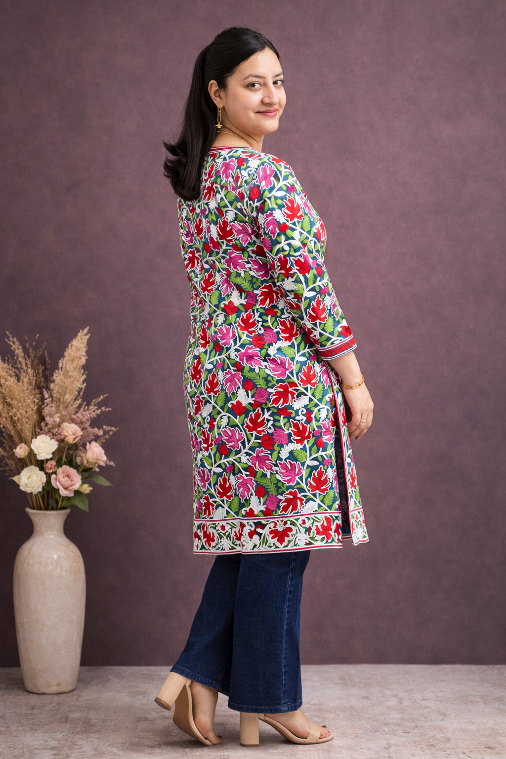 Georgette Teal Kashmiri Aari Work Long Kurta