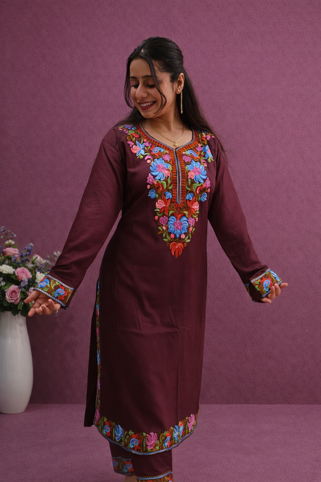 Rayon Brown Kashmiri Aari Work Cord Set