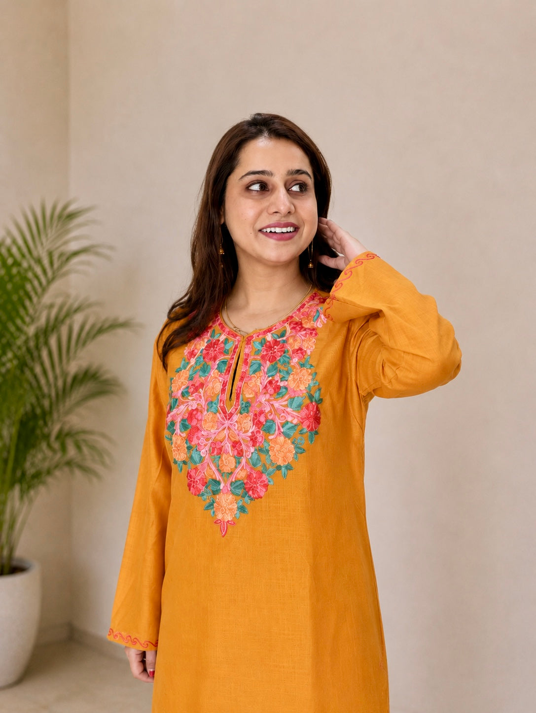 Aari Work Long Kurti in Golden Ruby Cotton